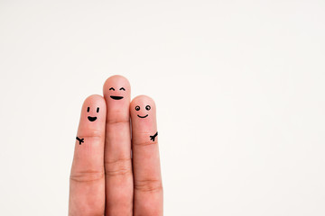 A happy couple  love painted on finger.Valentine day concept 