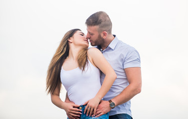 Couple goals concept. Man and woman cuddle nature background. Family love. Devotion and trust....