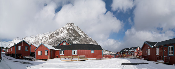 Panorama of a Norwegian village with snow