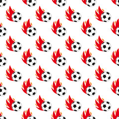 Vector seamless pattern with soccer ball. Soccer ball and flame. Soccer  ball on fire.