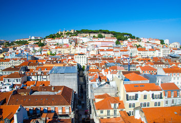 Portugal, night panoramic view of Lisbon in summer, Lisbon fortress hill сlose-up, touristic...