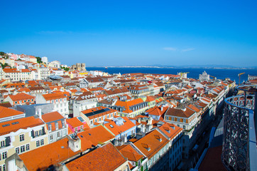 Portugal, panoramic view of old town  Lisbon in summer, touristic centre of Lisbon, St. George's medieval Castle in Lisbon, Lisbon red tile roofs Panoramic view, landscape of Tagus river Lisbon