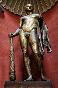 Copper sculpture of heracles. The round room in the Pio-Clementine Museum at the vatican.