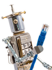 Steampunk robot holding lan cable. Cyberpunk style. Chrome and bronze parts. Isolated on white.