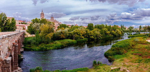 Fototapeta premium Beautiful picturesque panoramic view of the Salamanca Cathedral and landscape over Tormes river. Spain.