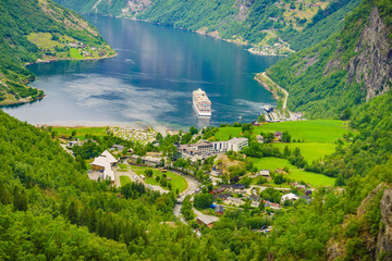 Fjord Geirangerfjord with cruise ship, Norway.