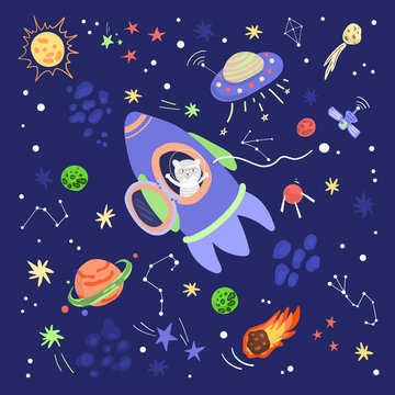 Animals travel in space, a cat flies in a rocket. Doodle in cartoon style, flat vector illustration. Children textile.