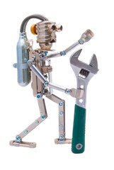 Steampunk robot holding adjustable wrench. Chrome and bronze parts. Isolated on white.