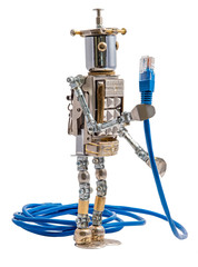 Steampunk robot holding lan cable. Cyberpunk style. Chrome and bronze parts. Isolated on white.