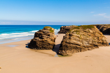 Wonderful stone figures. Eroded beach coastline. Cathedrals beach at the Atlantic Ocean, Cantabric coast Lugo, Galicia, Spain - Playa de las Catedrales.