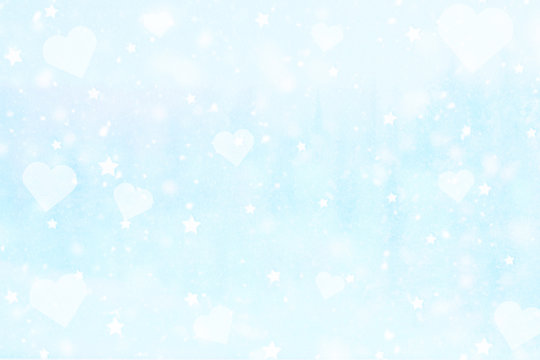 light bright blue snowfall, love heart and star background