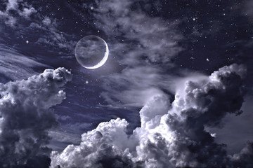 Stars,  moon and cumulonimbus in the night sky - obrazy, fototapety, plakaty