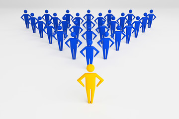 Concept leader of the business team indicates the direction of the movement towards the goal. Crowd of blue men goes for the leader of the gold color. 3D rendering