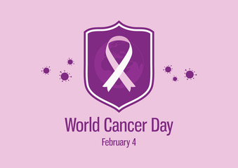 World Cancer Day vector with purple ribbon. Violet ribbon symbol. World Cancer awareness purple ribbon vector. Shield with ribbon. Important day