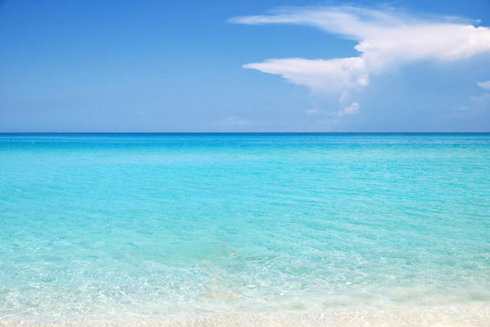 Scene with sailing boat at famous Varadero beach, Caribbean sea in Cuba. Tourists relax on Varadero sandy beach. Cuba. Coconut palms and white sandy beach on sunny day in Varadero in Cuba