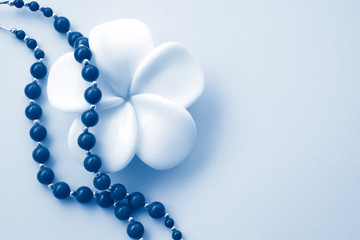 Background of flower and bright coral beads with silver accents in classic blue with copy space....