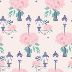 street lanterns and peonies in a seamless pattern design