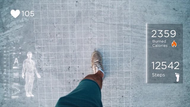 Man feet walking outdoors. Futuristic fitness app with Augmented Reality Interface with Health Data of burned calories, heart rate, running distance, foot steps counter. First person. Hologram display