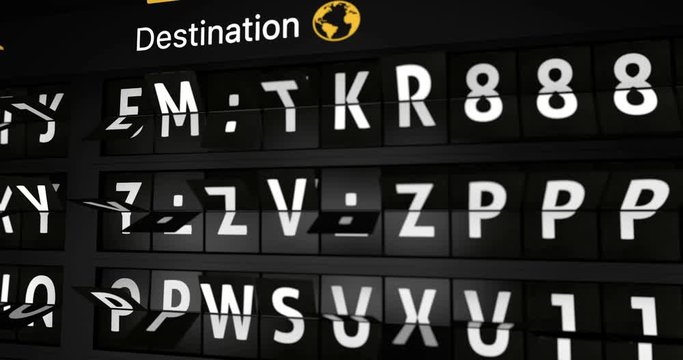 3D generated animation, analog flight information display board with the arrival city of Paris, 4 different animations