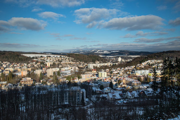 Winter Trutnov with fresh snow and mountains view
