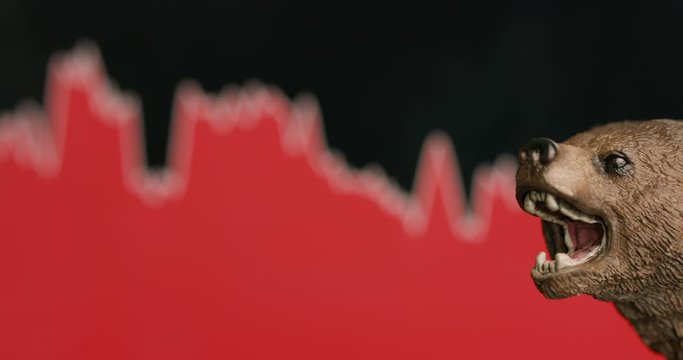 Stock crash with red chart bearish drop in background and bear in front. Market trend concept.
