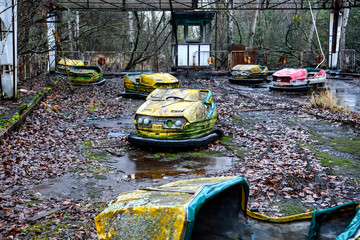 Abandoned amusement park in ghost town Prypiat in Chornobyl exclusion zone. Ukraine, December 2019