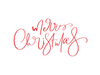 Merry Christmas red vector Calligraphic Lettering text for design greeting cards. Holiday Greeting Gift Poster. Calligraphy modern Font