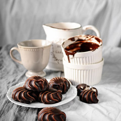 chocolate marshmallows on a light texture background