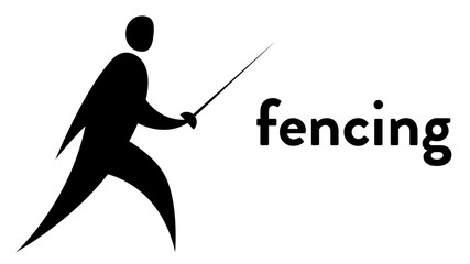 Vector banner with an icon of a fencer with rapier in his hand with text headline. Modern flat fencing sport icon, pictogram