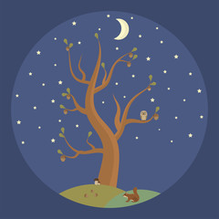 The tree is in autumn night against the starry sky.