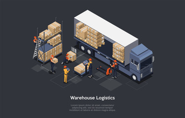Isometric warehouse logistics concept. Modern interior of warehouse, loading and unloading process of delivery vehicles. Equipment for cargo delivery. Vector illustration