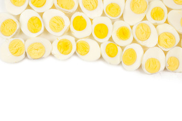 Half boiled eggs background.