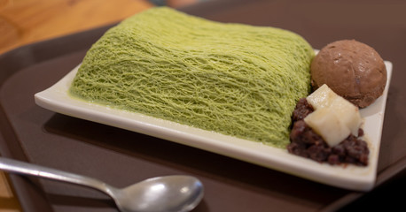 cotton candy green tea bing su with red bean and mochi