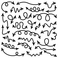 Set of black curved doodle arrows isolated on white background.