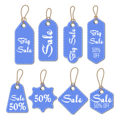 Sale labels. Paper cardboard label with a rope. Discount tag with cord. Vector design.