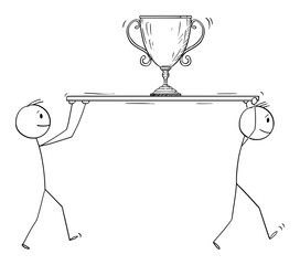Fototapeta premium Vector cartoon stick figure drawing conceptual illustration of two successful men or businessmen carrying or holding big winner trophy or victory reward cup. Concept of business success.