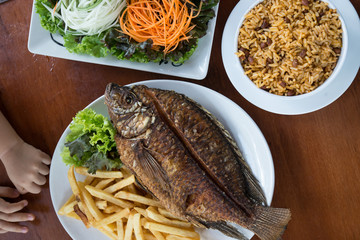 Tilapia fish, french fries, salad and rice for lunch with toddler hands
