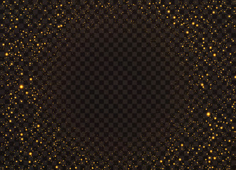 The dust sparks and golden stars shine with special light. Vector sparkles on a transparent background. Sparkling magical dust particles.
