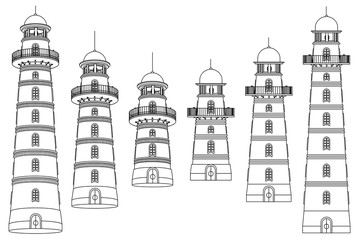 vector black, white outline Lighthouse beacon set