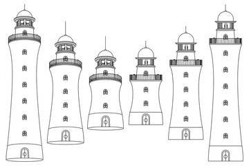 vector black, white outline Lighthouse beacon set