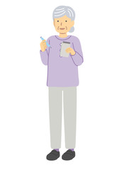 紫の服を着たメモをとるシニア女性