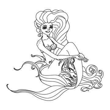 vector black, white outline cartoon cute mermaid