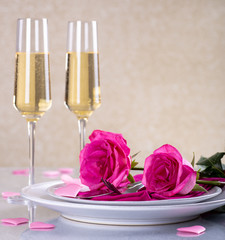 Pink Roses With Glasses of Champagne