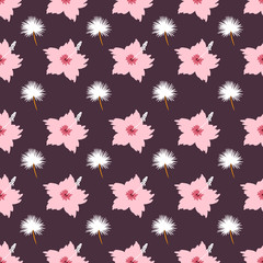 Seamless Floral Vector Pattern with hibiscus and dandelions for textile, print, fabric