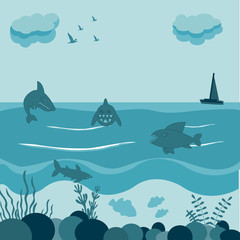 Cute pattern with sharks and fishes on a blue background with sea plants in a cartoon style. Illustration for children in vector. Ocean background. Game assets for stickers or web applications.