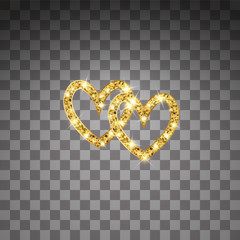 Gold glitter vector two hearts. Golden sparcle St. Valentines day card. Luxouy design element. Amber particles on transparent background.