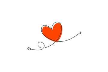 Cupid s arrow in the continuous drawing of lines in the form of a heart and the text love in a flat style. Continuous black line. Work flat design. Symbol of love and tenderness.