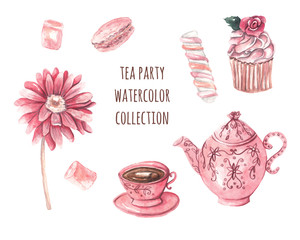 Tea party. Pink teapot, cup, pink flower, cupcake, marshmallows. Watercolor illustration on white isolated background - 312916293