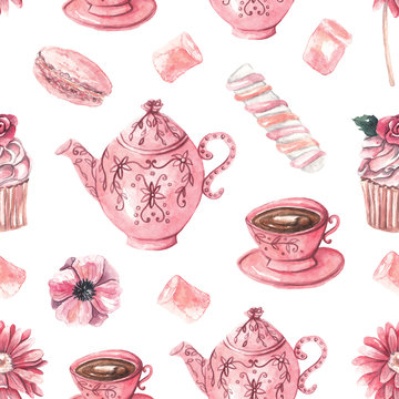 Seamless pattern with tea party. Pink teapot, cup, pink flower, cupcake, marshmallows