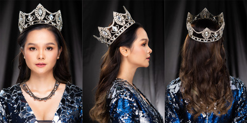 Portrait of Miss Pageant Beauty Contest in Blue Silver sequin Evening Gown sparkle Diamond Crown, Asian Woman feels confident in Interview, Black cloth drape background, collage group pack 360 around © Jade